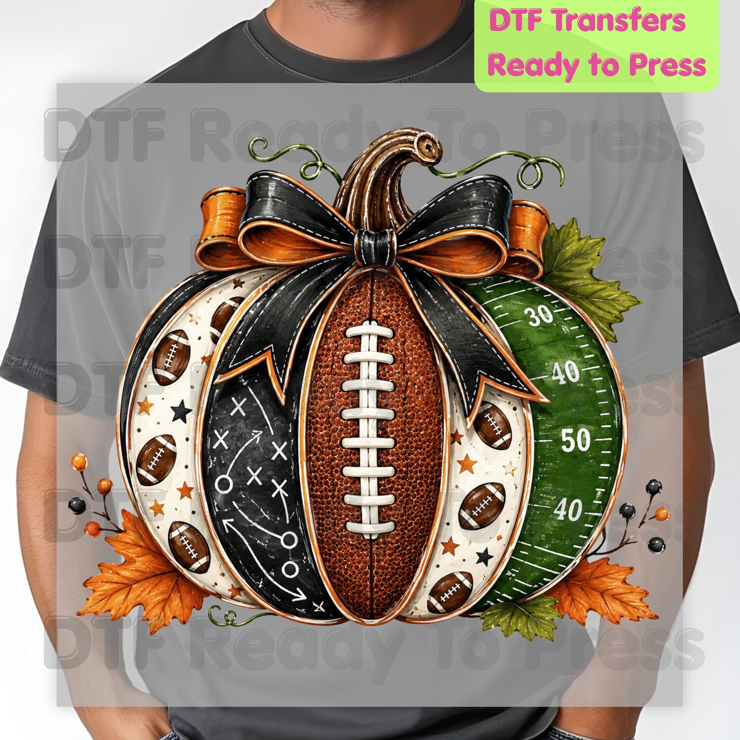 Football Pumpkin Bow DTF Transfers, Fall Game Day Football Field Patchwork Autumn Ready to Press