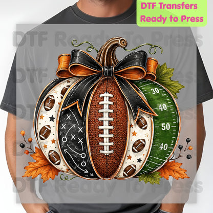 Football Pumpkin Bow DTF Transfers, Fall Game Day Football Field Patchwork Autumn Ready to Press