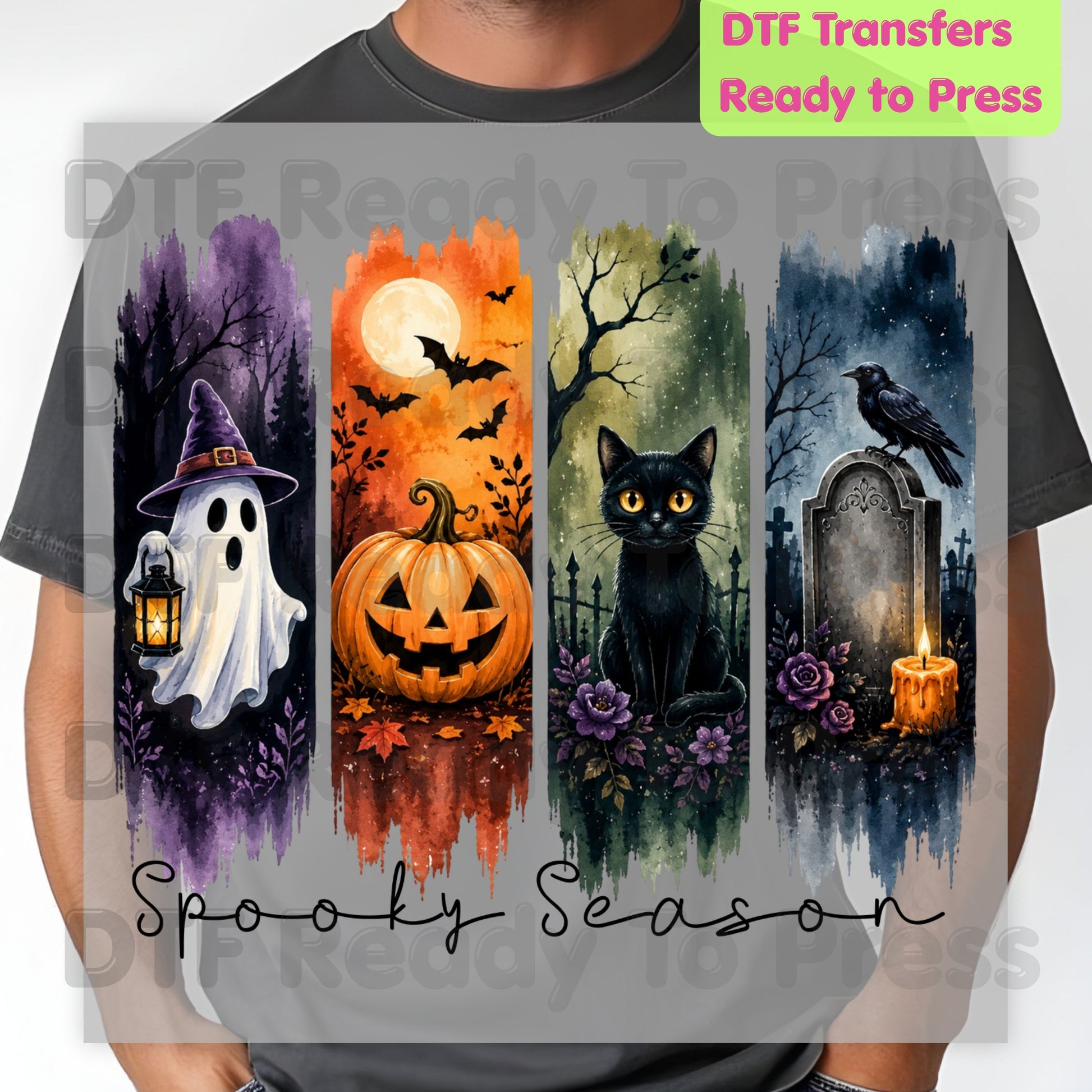 Halloween Spooky Season DTF Transfers, Brushstroke Ghost Pumpkin Black Cat Crow Tombstone Ready to Press