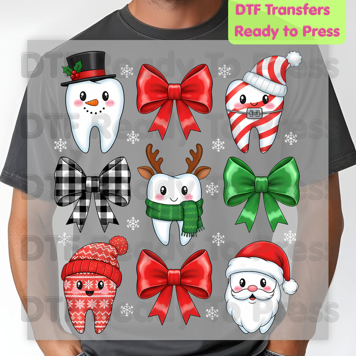 Christmas Dental Squad DTF Transfers, Dental Teeth Bow Santa Reindeer Holiday Ready to Press