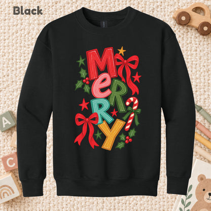 Merry Christmas T-Shirt, Colorful Lettering Red Bow Tee, Candy Cane Holiday Sweatshirt