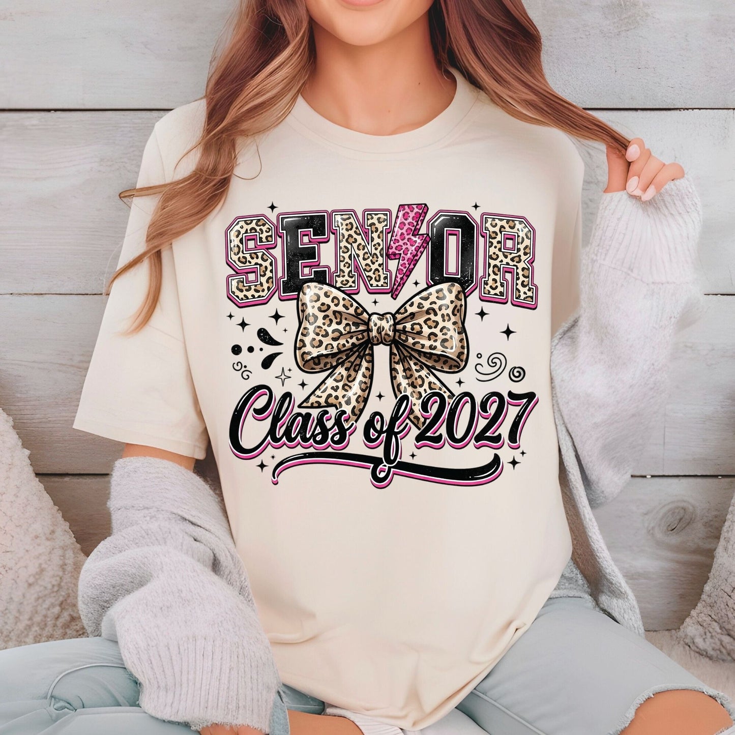 Senior Class of 2027 DTF Transfer Ready to Press Graduation Heat Transfer for Shirts Leopard Bow Pink Lightning Bolt Graphic Tee