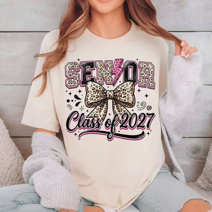 Senior Class of 2027 DTF Transfer Ready to Press Graduation Heat Transfer for Shirts Leopard Bow Pink Lightning Bolt Graphic Tee