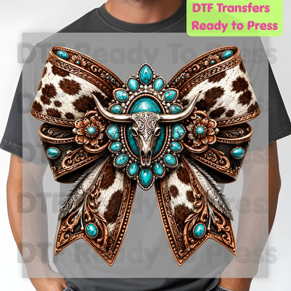 Western Bow DTF Transfers, Turquoise Longhorn Skull Cowhide Coquette Bow Cowgirl Ready to Press