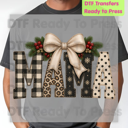 Christmas Mama DTF Transfers, Coquette Bow Buffalo Plaid Leopard Polka Dot Holiday Ready to Press