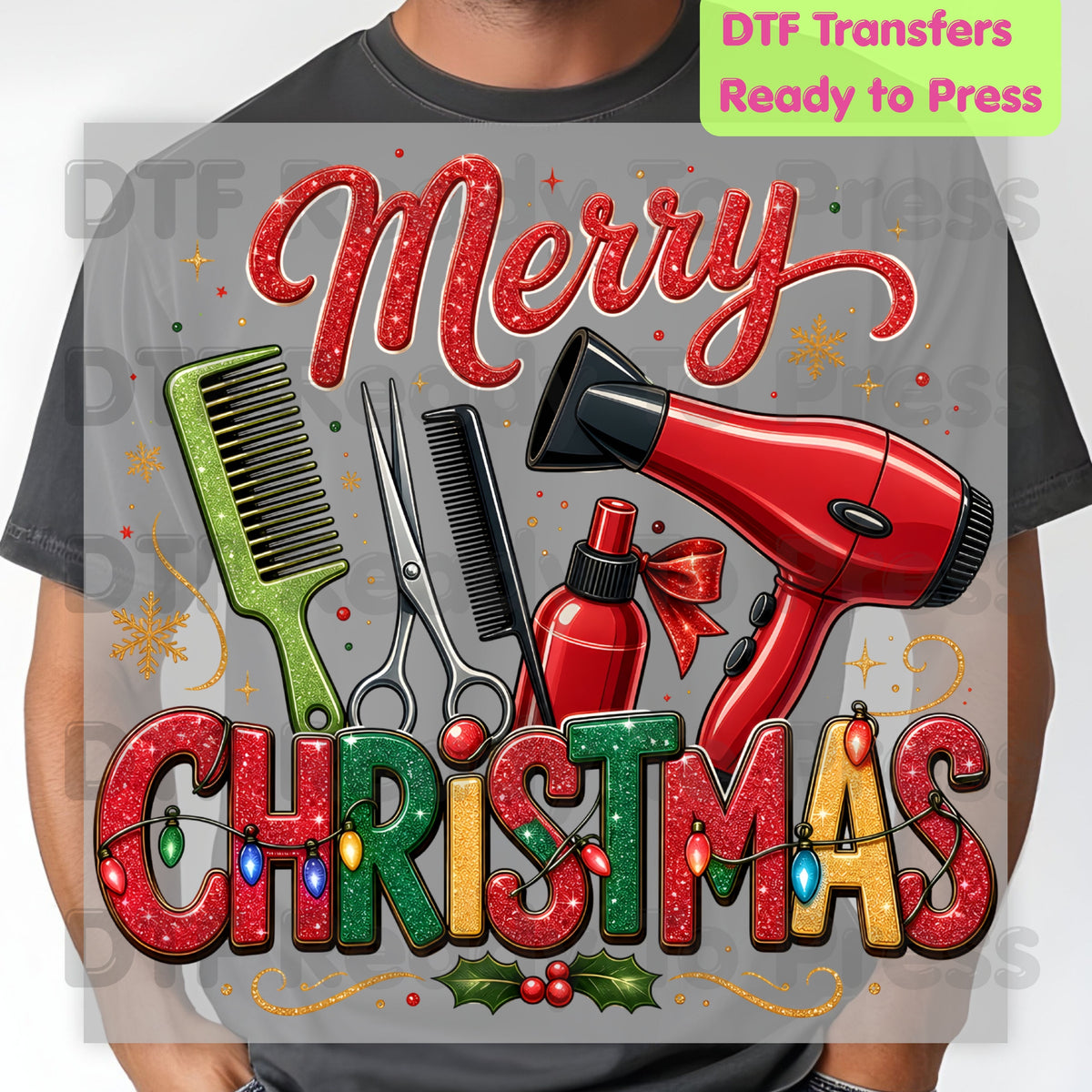 Merry Christmas Hairstylist DTF Transfers, Salon Scissors Dryer Comb Holiday Ready to Press