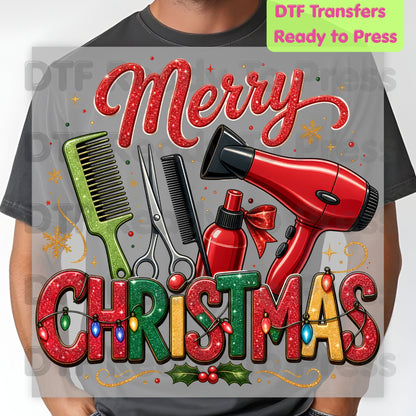 Merry Christmas Hairstylist DTF Transfers, Salon Scissors Dryer Comb Holiday Ready to Press
