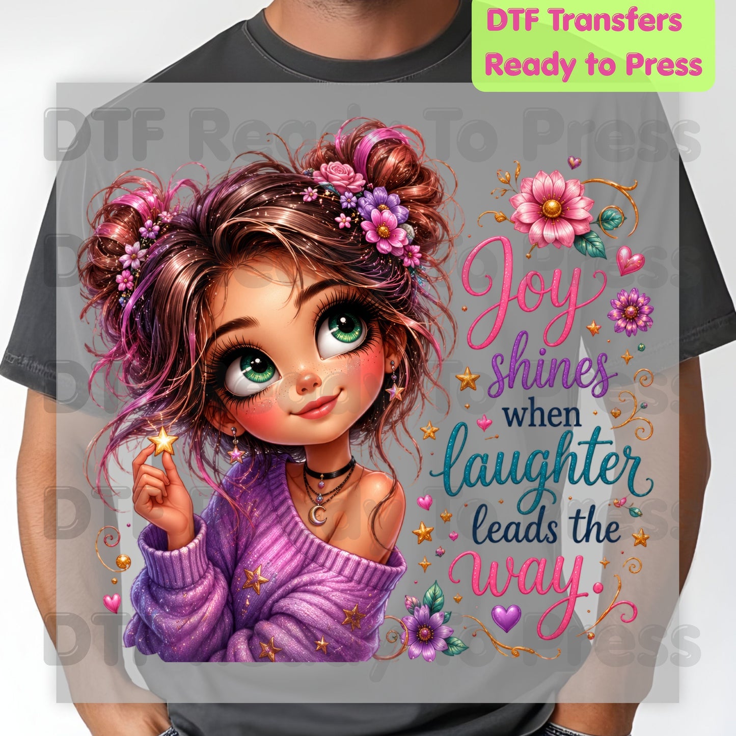 Joy Shines Laughter DTF Transfers, Cute Space Buns Girl Floral Quote Ready to Press