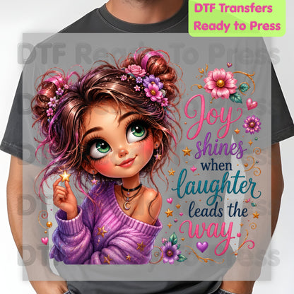Joy Shines Laughter DTF Transfers, Cute Space Buns Girl Floral Quote Ready to Press