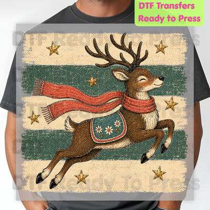 Vintage Christmas Reindeer DTF Transfers, Flying Reindeer Scarf Retro Winter Ready to Press