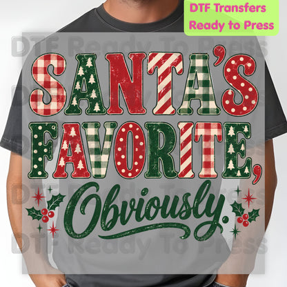Christmas DTF Transfer, Santa’s Favorite Obviously, Plaid Lettering and Holly Graphic