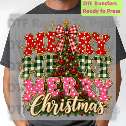 Merry Merry Christmas Tree DTF Transfers, Plaid Polka Dot Pink Holiday Ready to Press