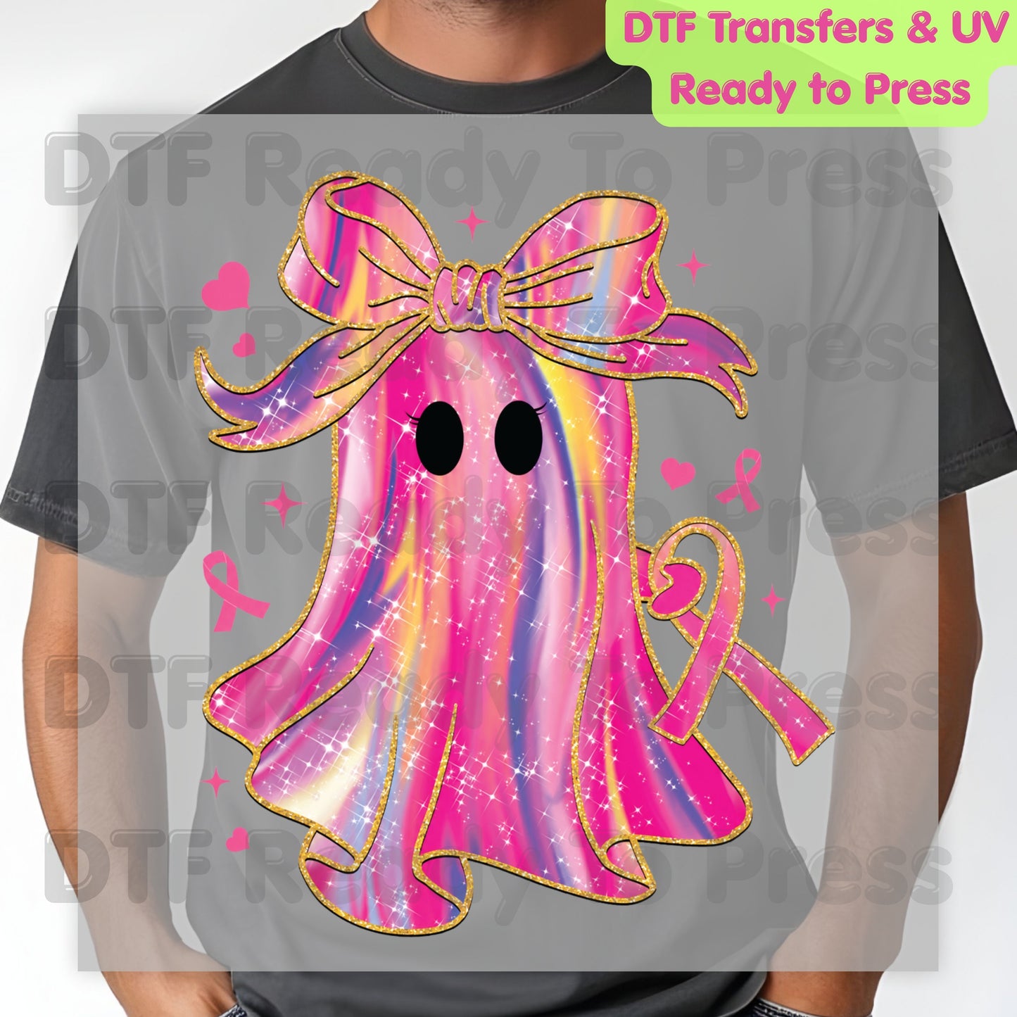 Glitter Pink Ghost Breast Cancer Awareness DTF Transfer Ready to Press Heat Transfer Bow Tee