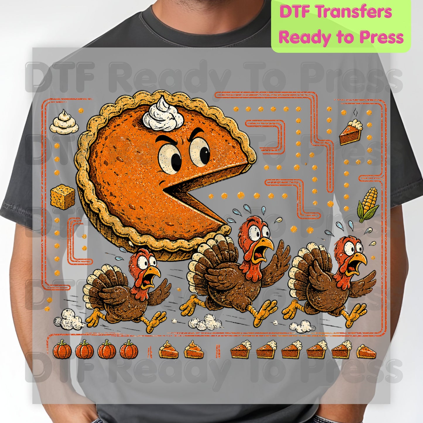 Funny Thanksgiving Pacman DTF Transfers, Pumpkin Pie Chasing Turkeys Maze Video Game Ready to Press