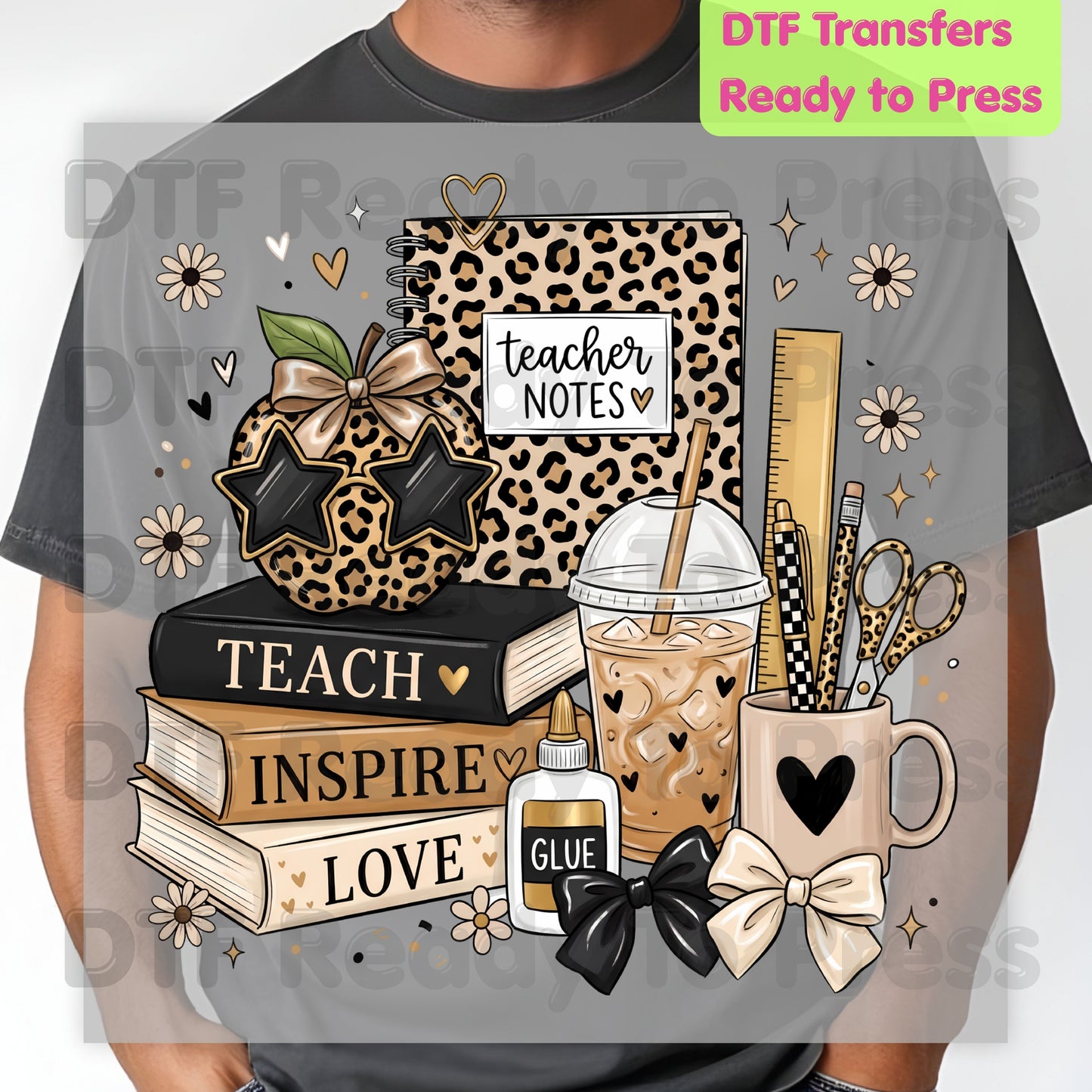 Teach Inspire Love Leopard Teacher DTF Transfers, Notebook Coffee Iced Drink Ready to Press