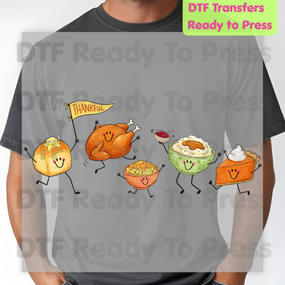 Thanksgiving DTF Transfers, Dancing Turkey Food Parade Pumpkin Pie Funny Fall Ready to Press