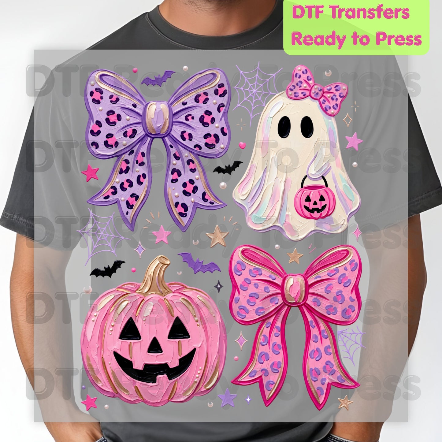 Coquette Halloween Ghost DTF Transfers, Pink Pumpkin Leopard Bow Spooky Cute Ready to Press