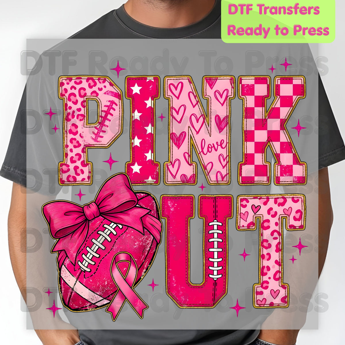 Pink Out DTF Transfers, Breast Cancer Awareness Football Coquette Bow Pink Ready to Press