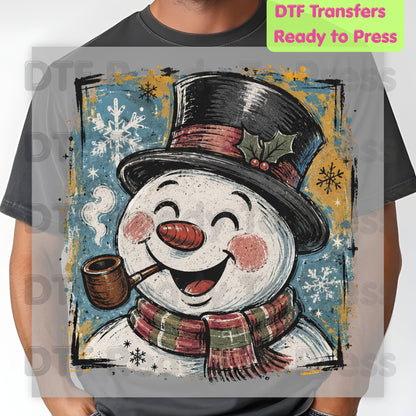 Vintage Snowman DTF Transfers, Top Hat Pipe Snowflakes Scarf Christmas Ready to Press