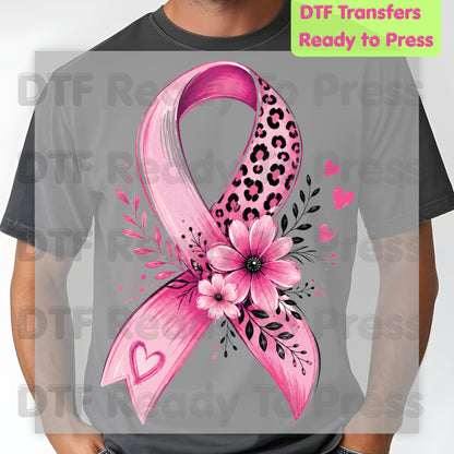 Leopard Floral Pink Ribbon Breast Cancer Awareness DTF Transfer Ready to Press Heat Transfer Tee