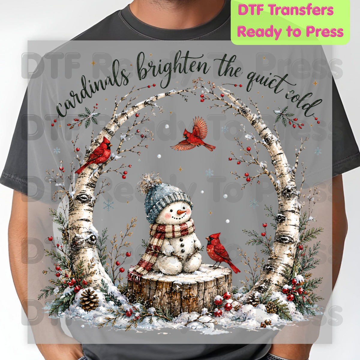 Winter DTF Transfers, Cardinals Snowman Brighten Quiet Cold Christmas Ready to Press