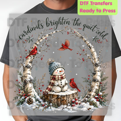 Winter DTF Transfers, Cardinals Snowman Brighten Quiet Cold Christmas Ready to Press
