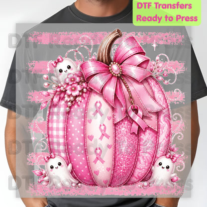 Pink Pumpkin Breast Cancer Awareness DTF Transfer Ready to Press Heat Transfer Spooky Ghost Bow Tee