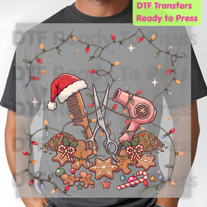 Christmas Hairstylist Gingerbread DTF Transfers, Salon Scissors Dryer Holiday Lights Ready to Press