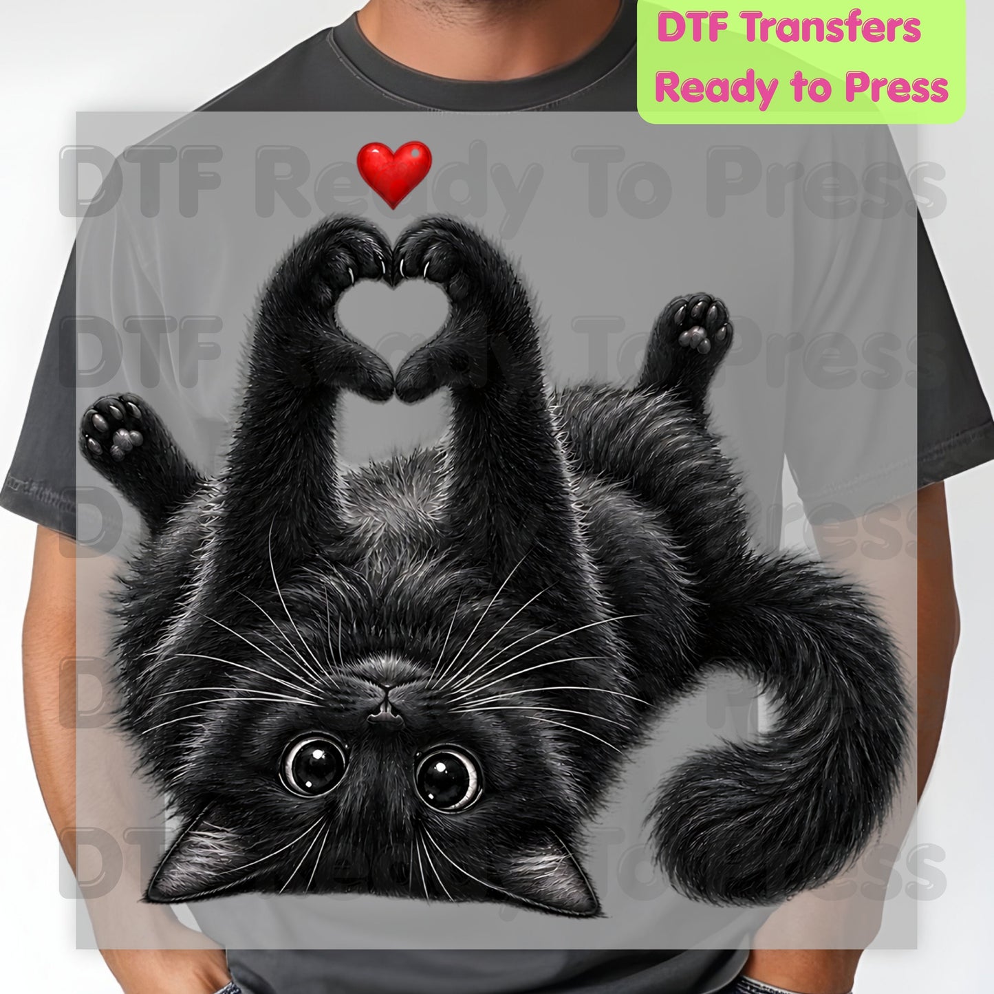 Black Cat Heart Hands DTF Transfers, Cute Kitty Kitten Lover Heart Paws Love Ready to Press