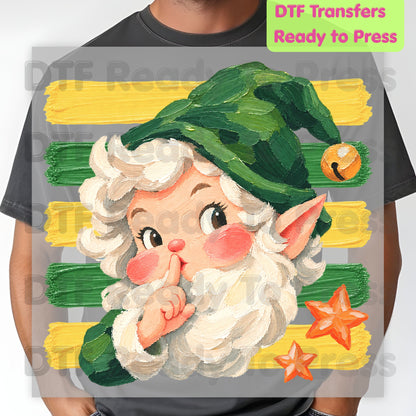 Vintage Shushing Gnome DTF Transfers, Elf Yellow Green Stripes Cute Christmas Holiday Ready to Press