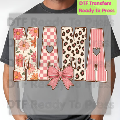 Mama DTF Transfers, Pink Daisy Floral Leopard Coquette Bow Retro Ready to Press