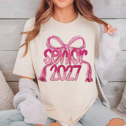 Senior 2027 DTF Transfer Ready to Press Graduation Heat Transfer for Shirts Pink Quilted Stitch Bow Patch Graphic Tee