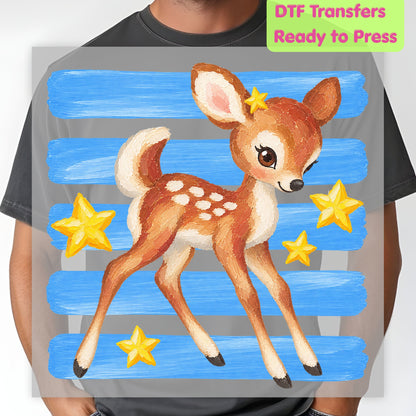 Vintage Baby Deer DTF Transfers, Fawn Stars Blue Stripes Cute Christmas Holiday Ready to Press