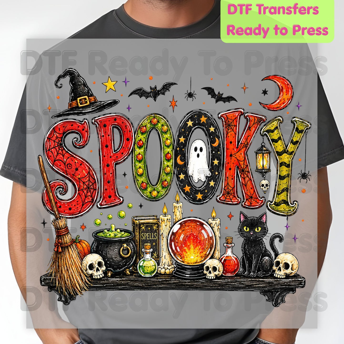 Halloween Spooky Witch Shelf DTF Transfers, Black Cat Crystal Ball Cauldron Potion Skull Ready to Press