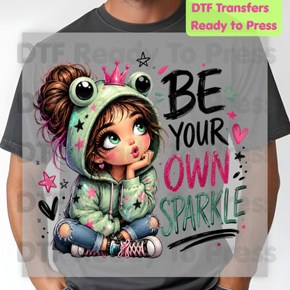 Be Your Own Sparkle Frog Girl DTF Transfers, Cute Crown Stars Kids Ready to Press