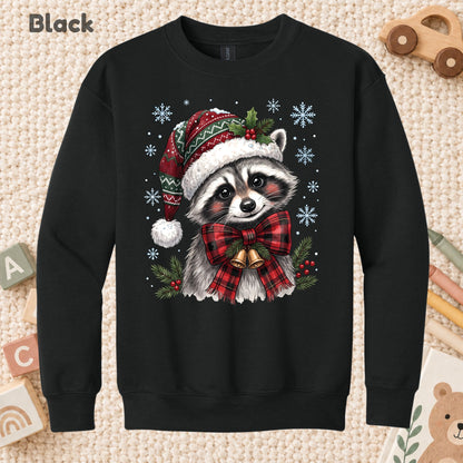 Christmas Raccoon T-Shirt, Santa Hat Buffalo Plaid Bow and Bells Tee, Festive Holiday Sweatshirt