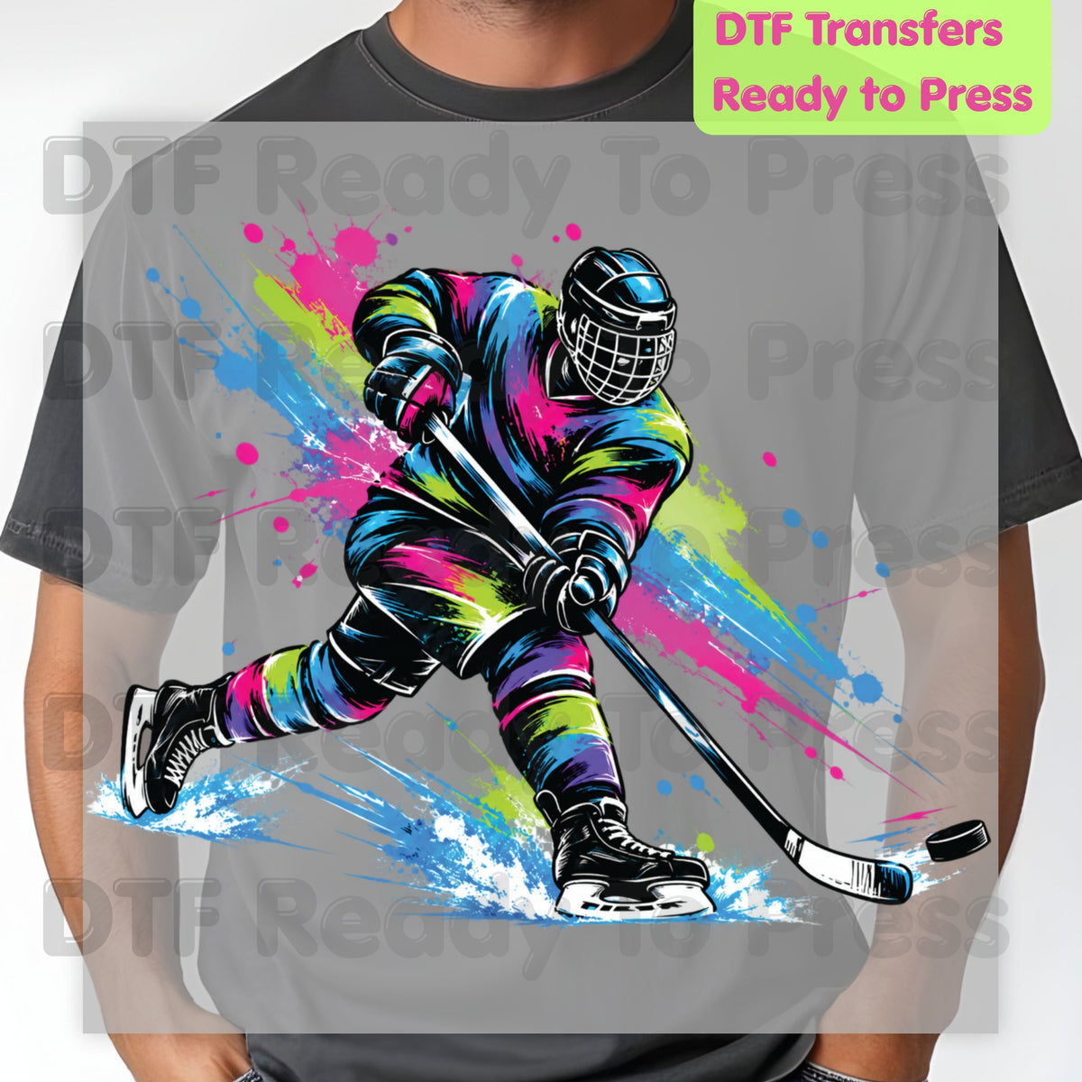 Hockey DTF Transfer, Colorful Ice Hockey Player with Paint Splatter Graphic