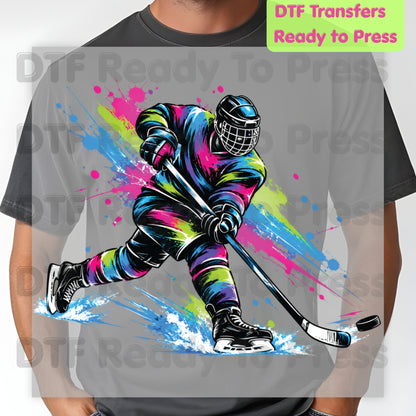 Hockey DTF Transfer, Colorful Ice Hockey Player with Paint Splatter Graphic