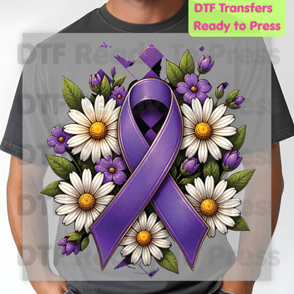 Purple Ribbon DTF Transfer Ready to Press Daisies Flowers Awareness Heat Transfer Tee Print Direct to Film Transfer
