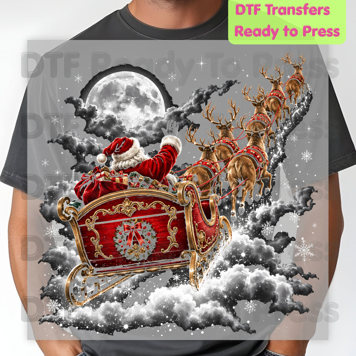 Santa Sleigh DTF Transfers, Flying Night Full Moon Vintage Reindeer Christmas Ready to Press