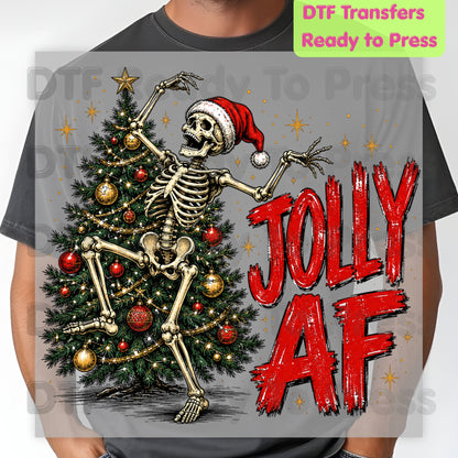 Jolly AF Skeleton DTF Transfers, Santa Hat Christmas Tree Funny Holiday Ready to Press