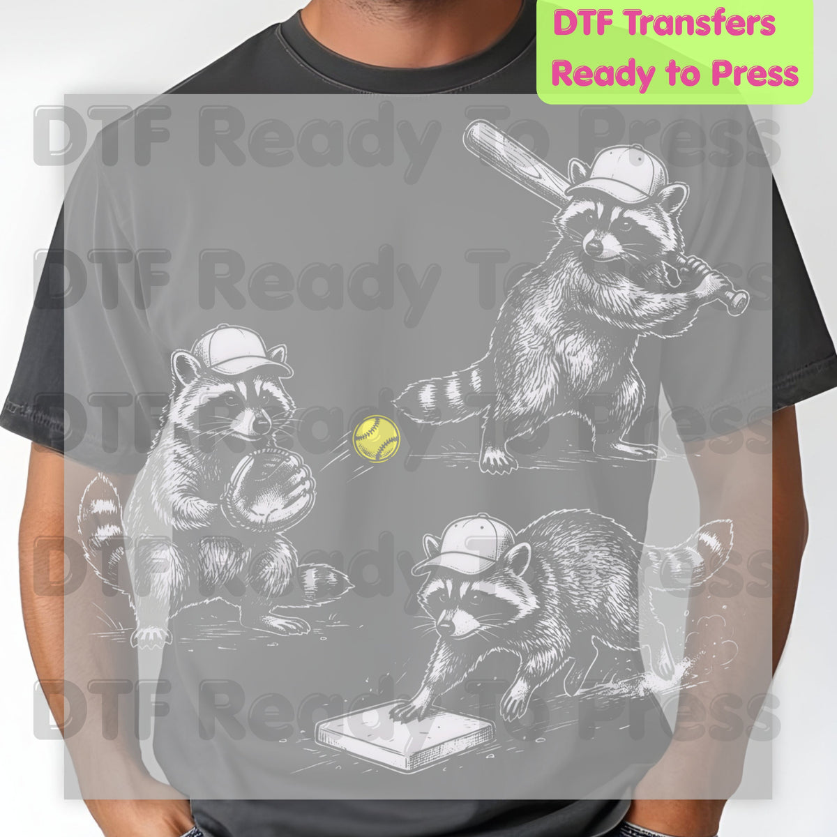Baseball DTF Transfer, Raccoons Playing Baseball with Yellow Ball Graphic
