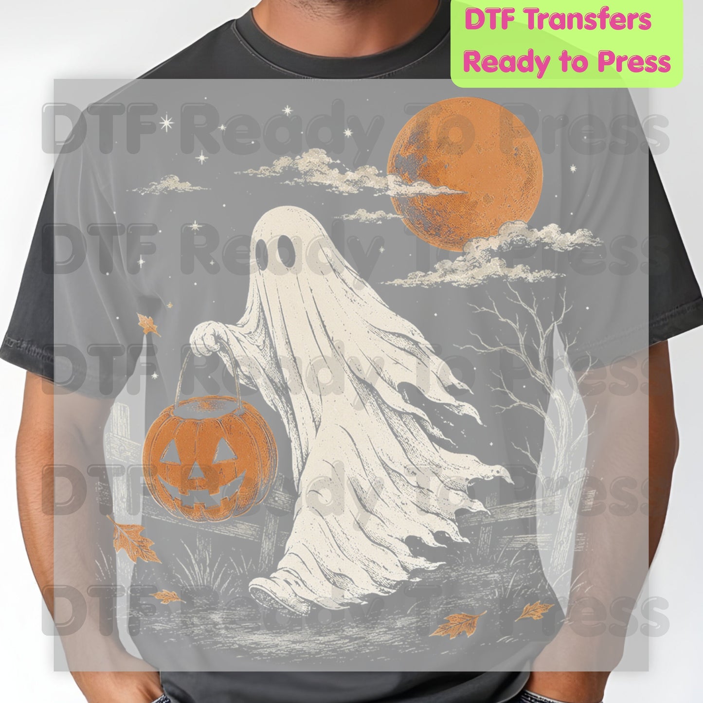 Vintage Halloween Ghost DTF Transfers, Jack O Lantern Full Moon Sepia Neutral Tones Spooky Fall Ready to Press