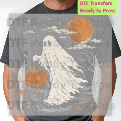Vintage Halloween Ghost DTF Transfers, Jack O Lantern Full Moon Sepia Neutral Tones Spooky Fall Ready to Press