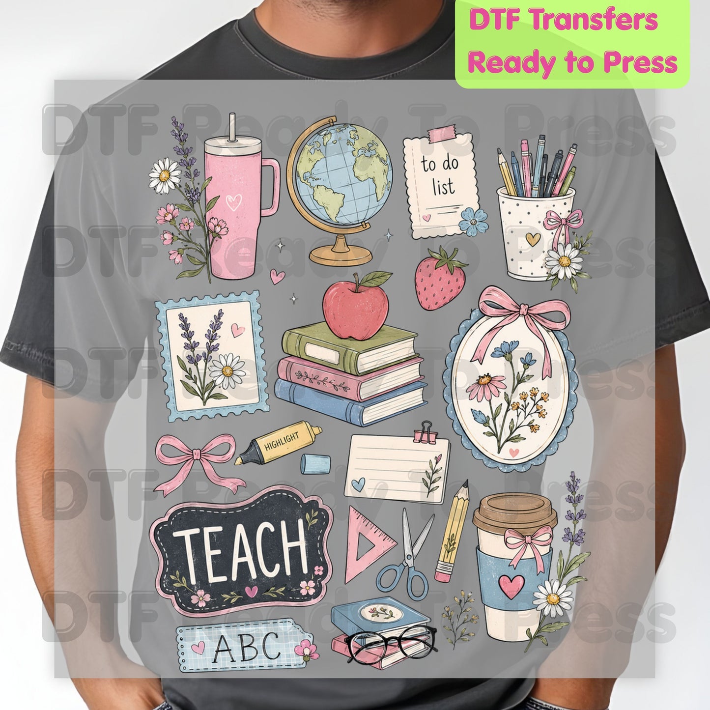 Cute Teacher Supplies DTF Transfers, Coquette Aesthetic Books Coffee Globe Teach Pink Bows Back to School Ready to Press