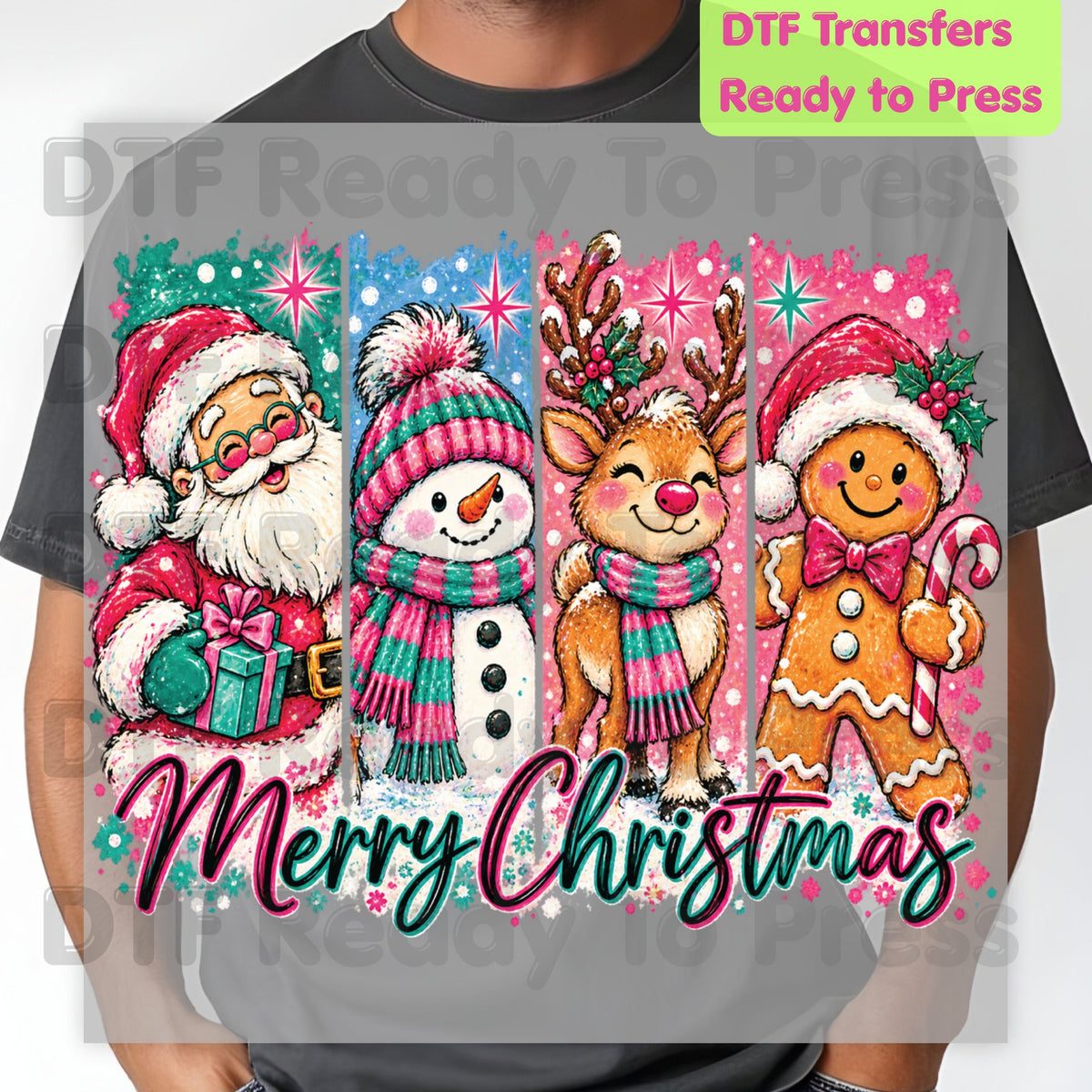Christmas DTF Transfer, Santa Snowman Reindeer Gingerbread