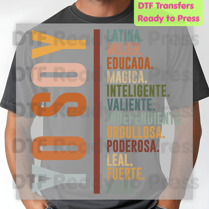 Yo Soy Latina DTF Transfers, Mujer Educada Empowered Latina Typography Ready to Press
