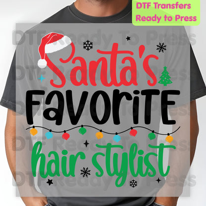 Santa's Favorite Hairstylist DTF Transfers, Christmas Salon Holiday Lights Santa Hat Ready to Press