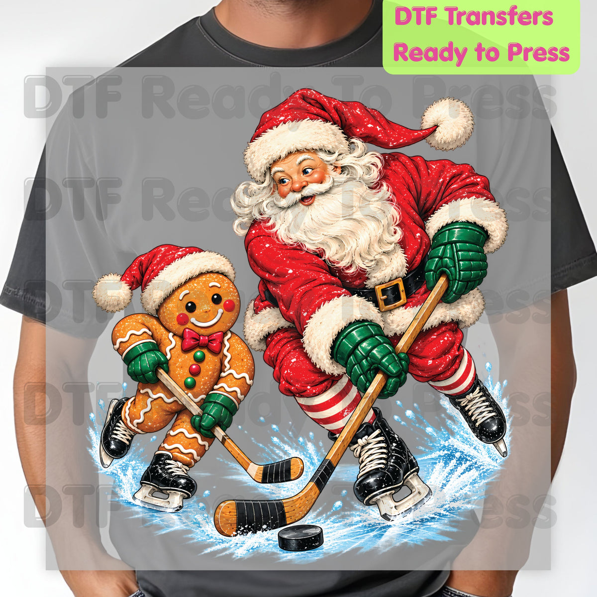 Christmas DTF Transfer, Santa and Gingerbread Man Playing Hockey, Holiday Sports Graphic