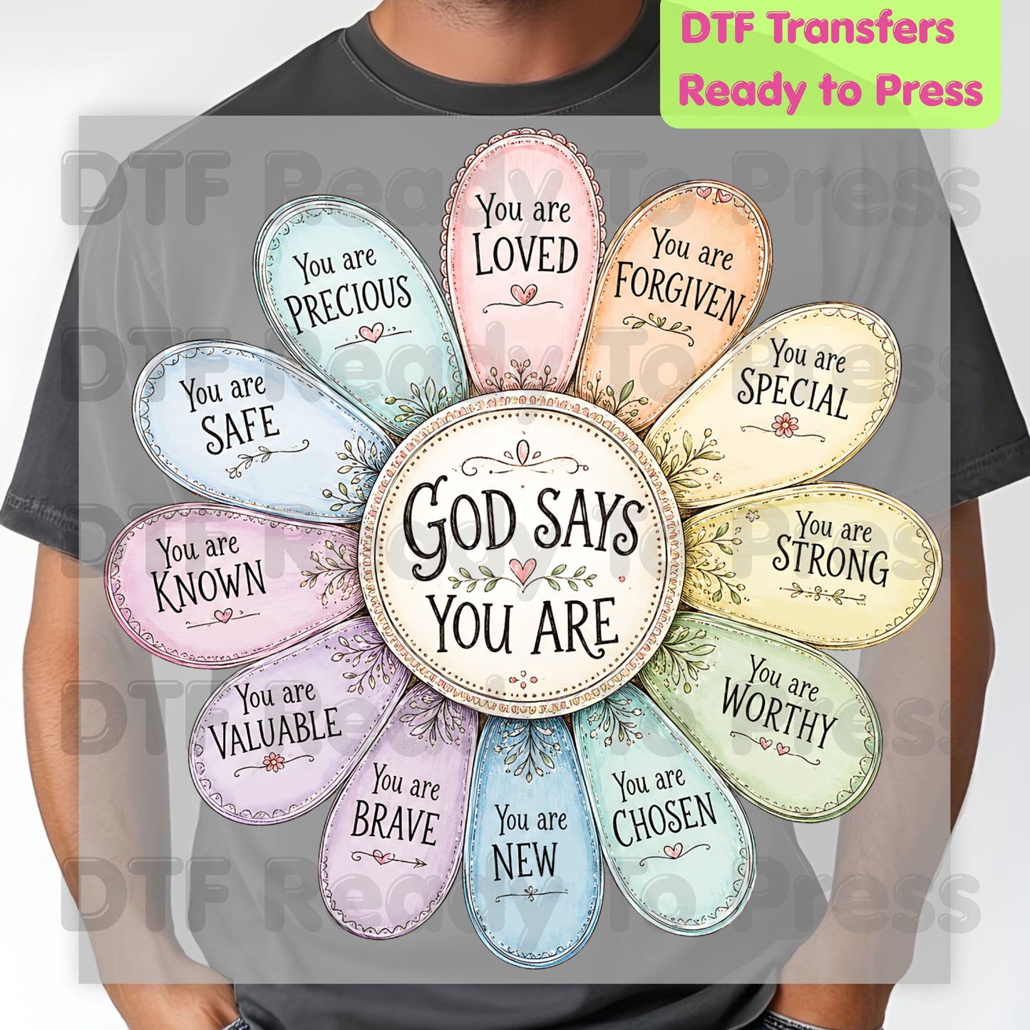 God Says You Are Flower DTF Transfers, Christian Faith Affirmation Petals Religious Quote Ready to Press